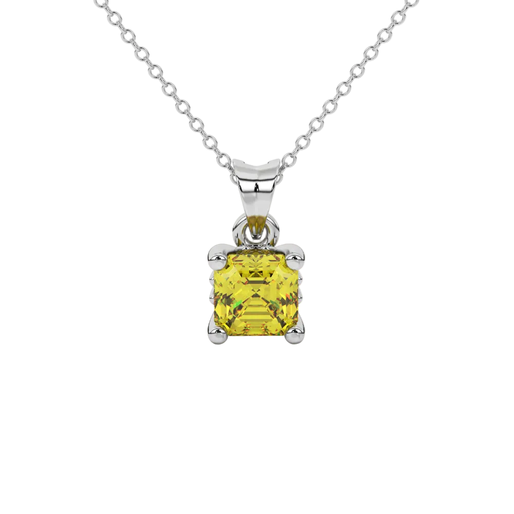Asscher cut solitaire pendant in gold featuring a 5.00 MM square gemstone in a classic four-prong setting