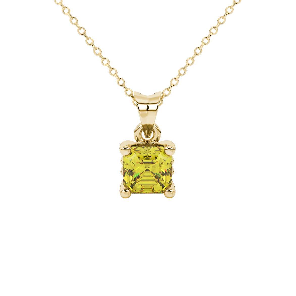 Asscher cut solitaire pendant in gold featuring a 5.00 MM square gemstone in a classic four-prong setting
