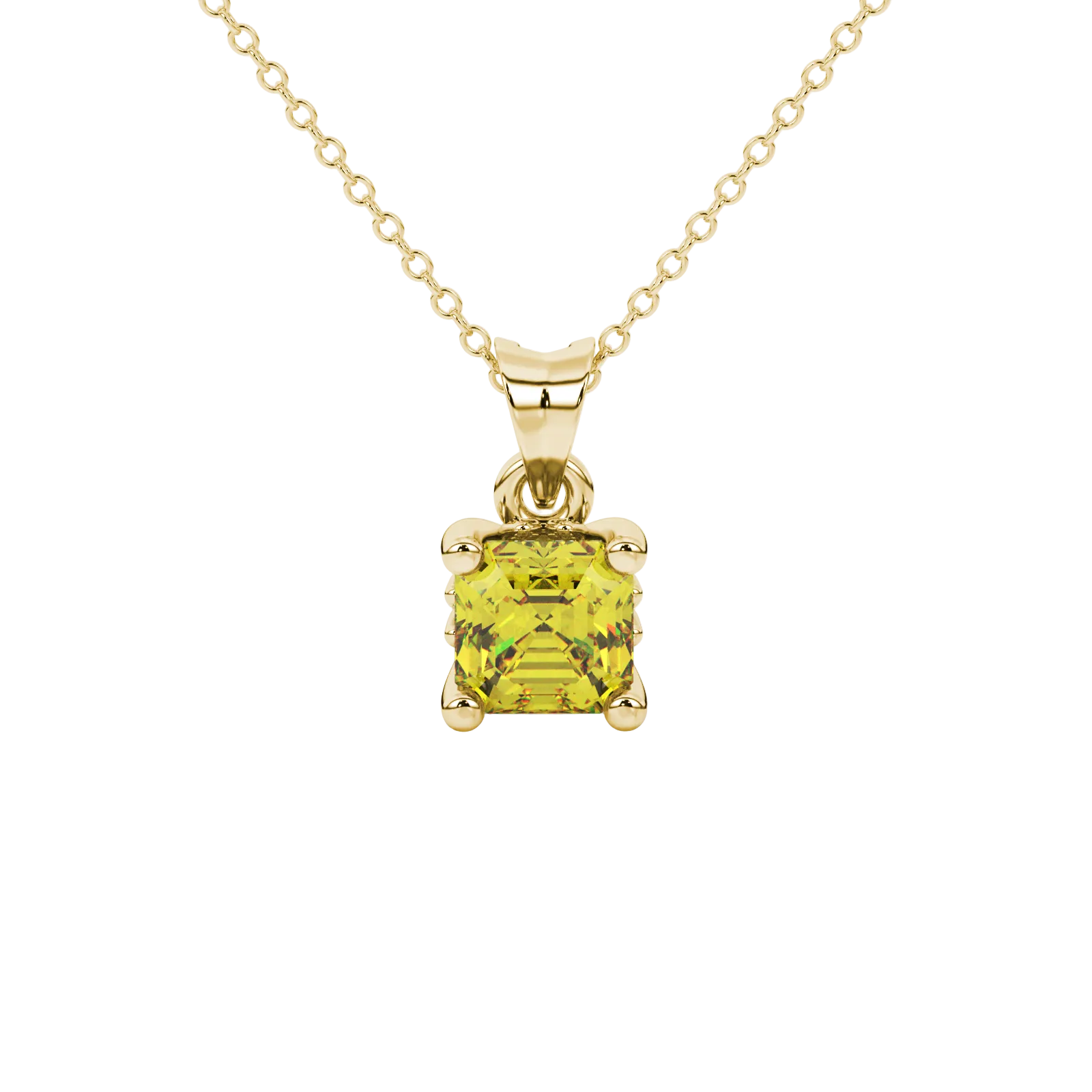 Asscher cut solitaire pendant in gold featuring a 5.00 MM square gemstone in a classic four-prong setting