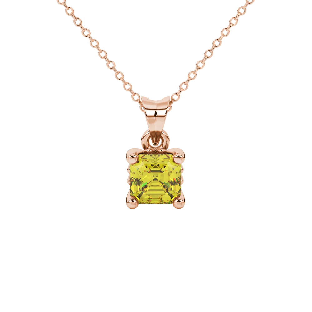 Asscher cut solitaire pendant in gold featuring a 5.00 MM square gemstone in a classic four-prong setting