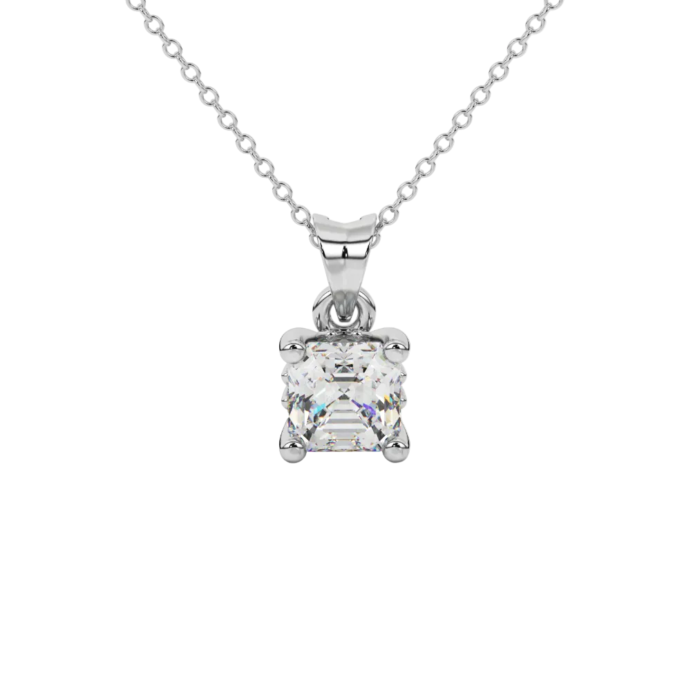 Asscher cut solitaire pendant in gold featuring a 5.00 MM square gemstone in a classic four-prong setting