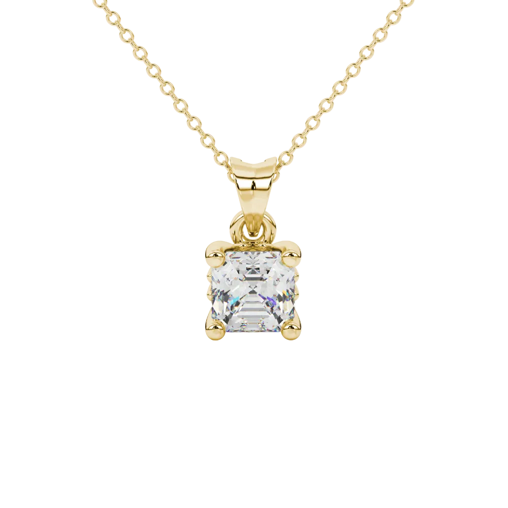 Asscher cut solitaire pendant in gold featuring a 5.00 MM square gemstone in a classic four-prong setting