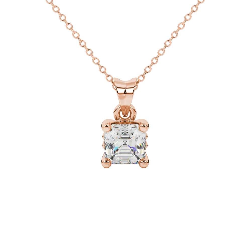 Asscher cut solitaire pendant in gold featuring a 5.00 MM square gemstone in a classic four-prong setting