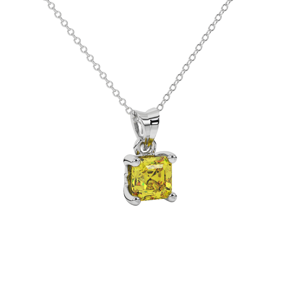 Asscher cut solitaire pendant in gold featuring a 5.00 MM square gemstone in a classic four-prong setting