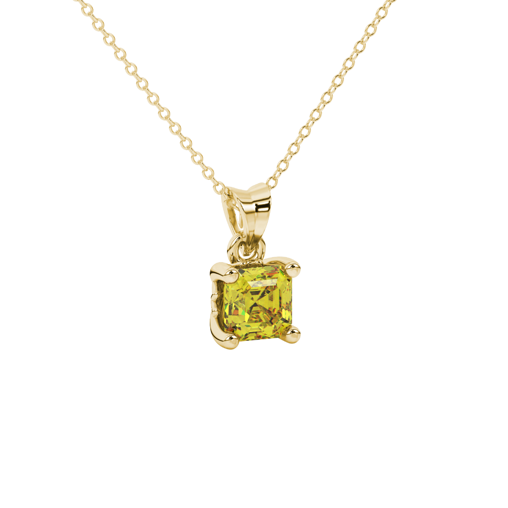 Asscher cut solitaire pendant in gold featuring a 5.00 MM square gemstone in a classic four-prong setting
