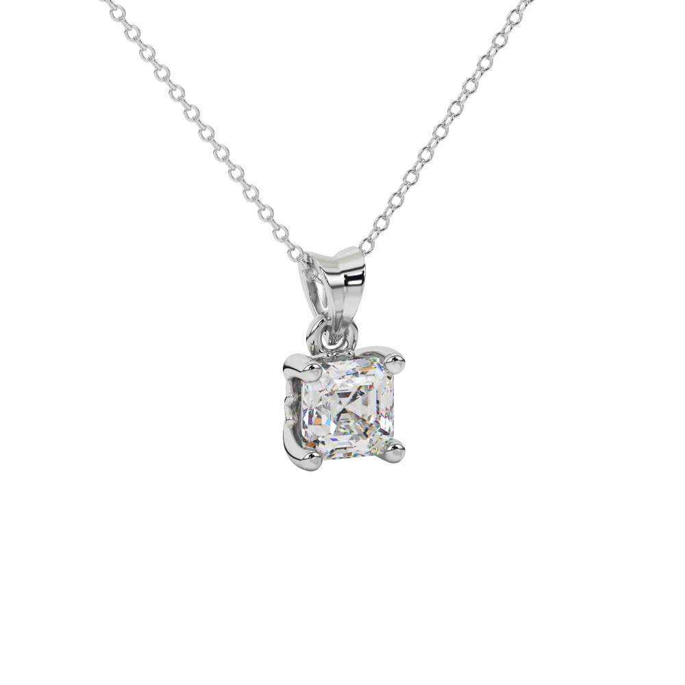 Asscher cut solitaire pendant in gold featuring a 5.00 MM square gemstone in a classic four-prong setting