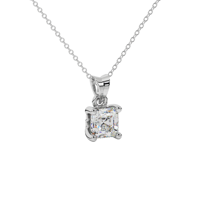 Asscher cut solitaire pendant in gold featuring a 5.00 MM square gemstone in a classic four-prong setting