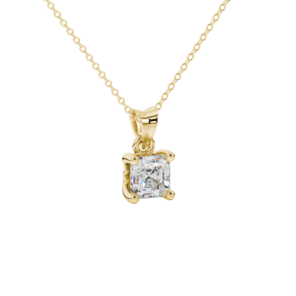 Asscher cut solitaire pendant in gold featuring a 5.00 MM square gemstone in a classic four-prong setting