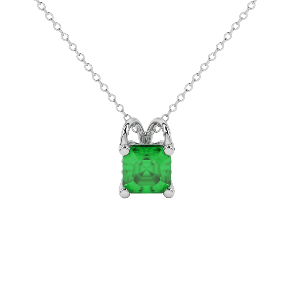 Asscher cut hidden halo gemstone pendant in gold featuring a 5.00 MM square gemstone with decorative arched bail design
