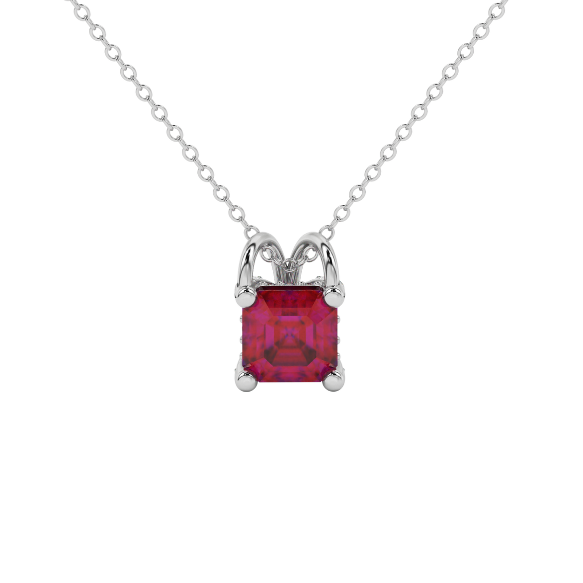 Asscher cut hidden halo gemstone pendant in gold featuring a 5.00 MM square gemstone with decorative arched bail design
