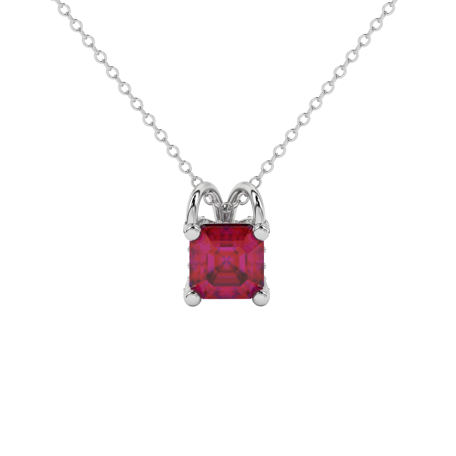 Asscher cut hidden halo gemstone pendant in gold featuring a 5.00 MM square gemstone with decorative arched bail design