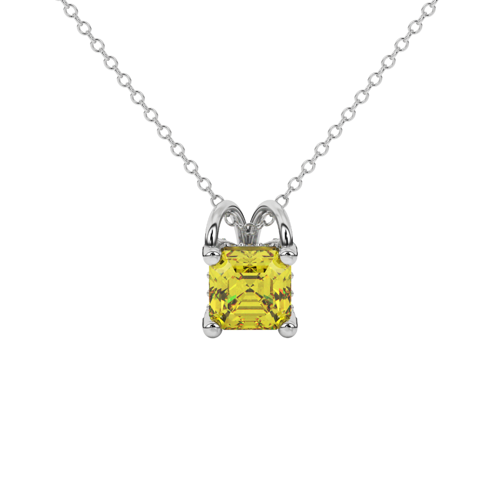 Asscher cut hidden halo gemstone pendant in gold featuring a 5.00 MM square gemstone with decorative arched bail design