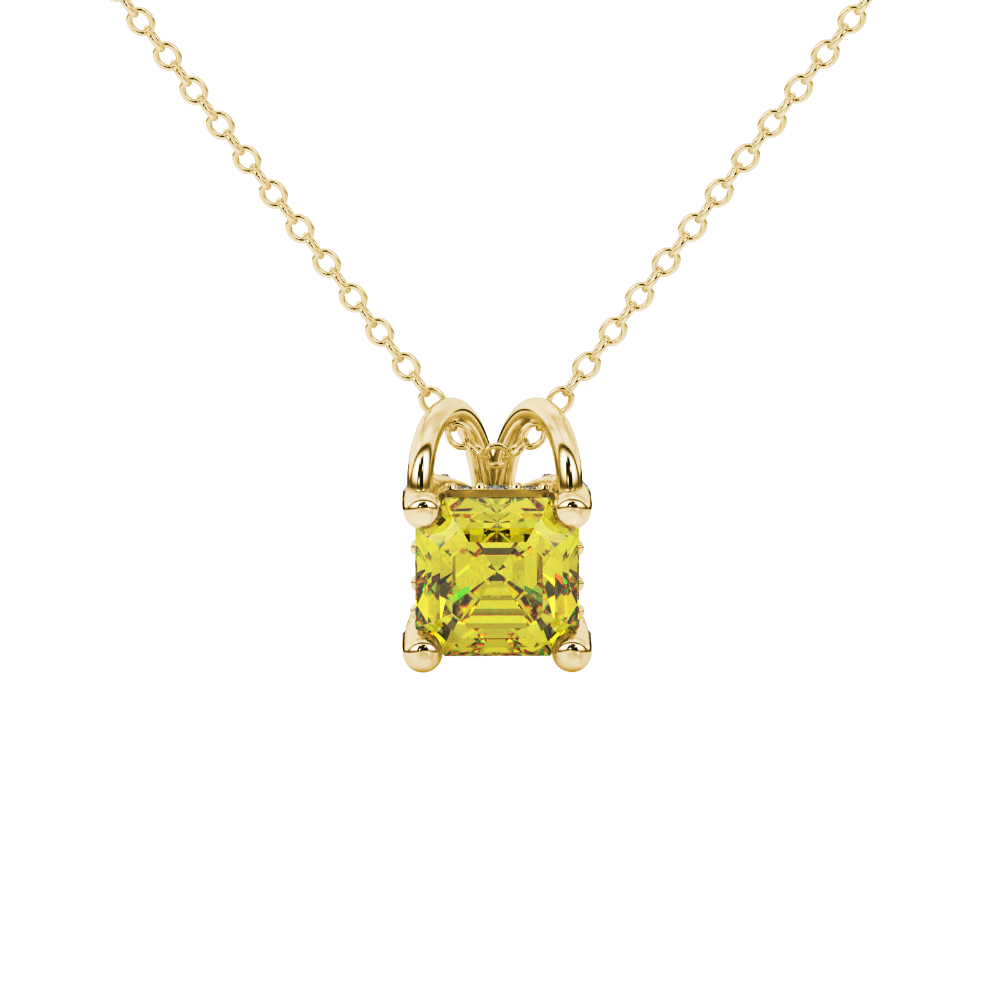 Asscher cut hidden halo gemstone pendant in gold featuring a 5.00 MM square gemstone with decorative arched bail design