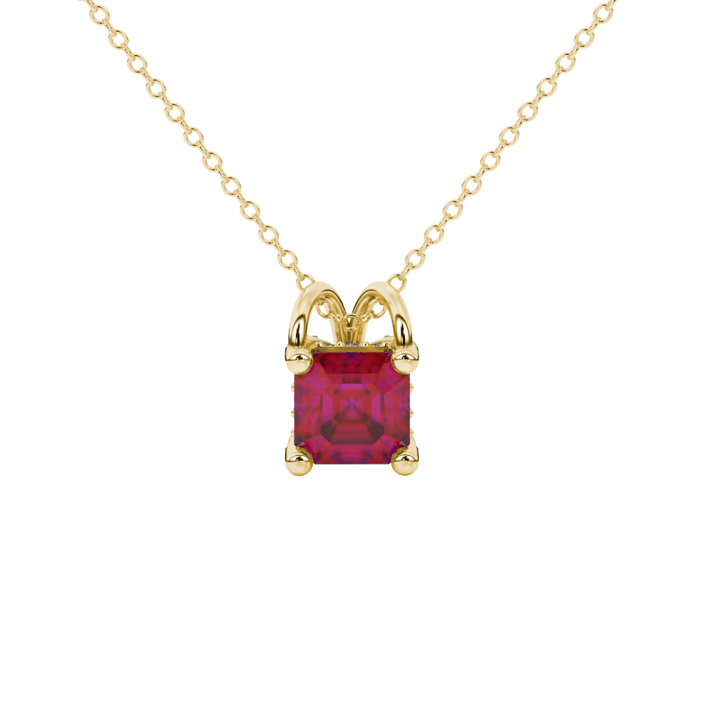 Asscher cut hidden halo gemstone pendant in gold featuring a 5.00 MM square gemstone with decorative arched bail design