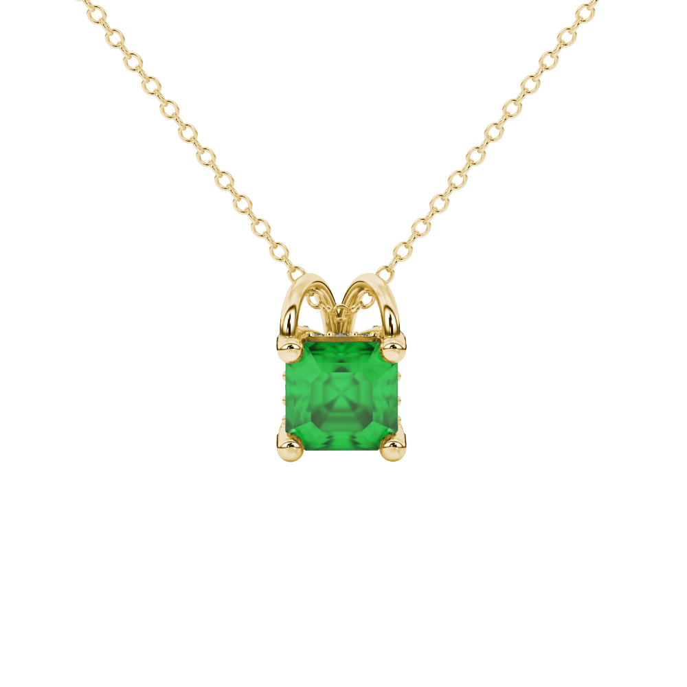 Asscher cut hidden halo gemstone pendant in gold featuring a 5.00 MM square gemstone with decorative arched bail design