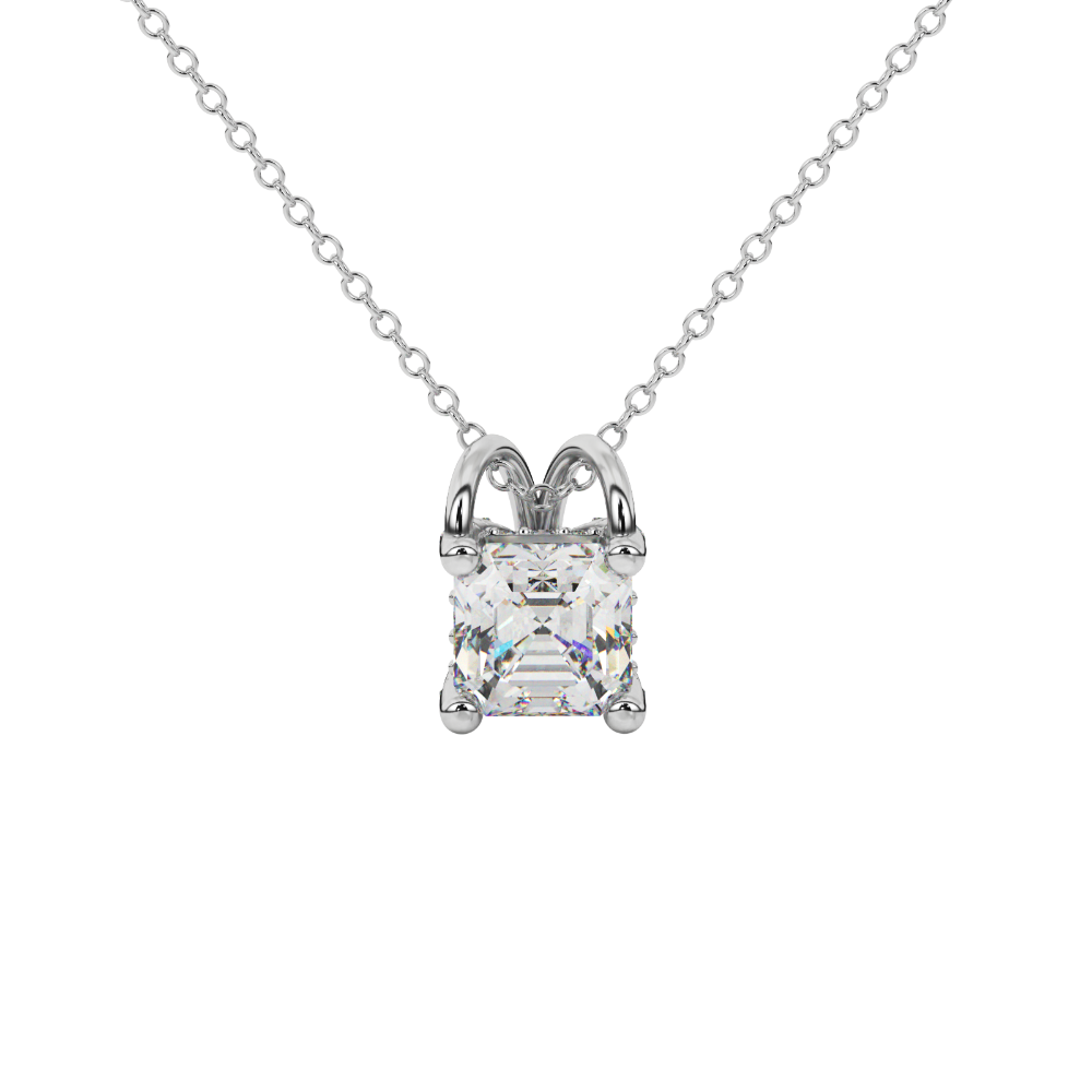 Asscher cut hidden halo gemstone pendant in gold featuring a 5.00 MM square gemstone with decorative arched bail design
