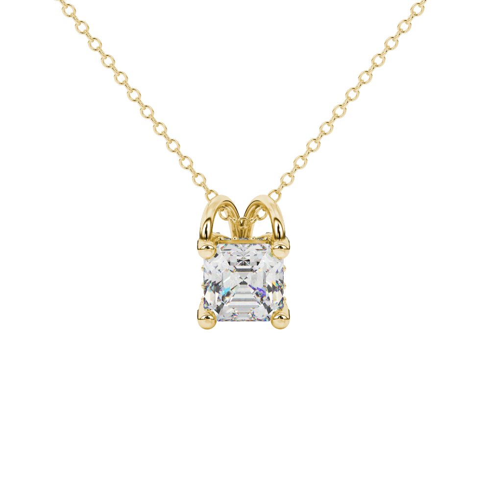 Asscher cut hidden halo gemstone pendant in gold featuring a 5.00 MM square gemstone with decorative arched bail design