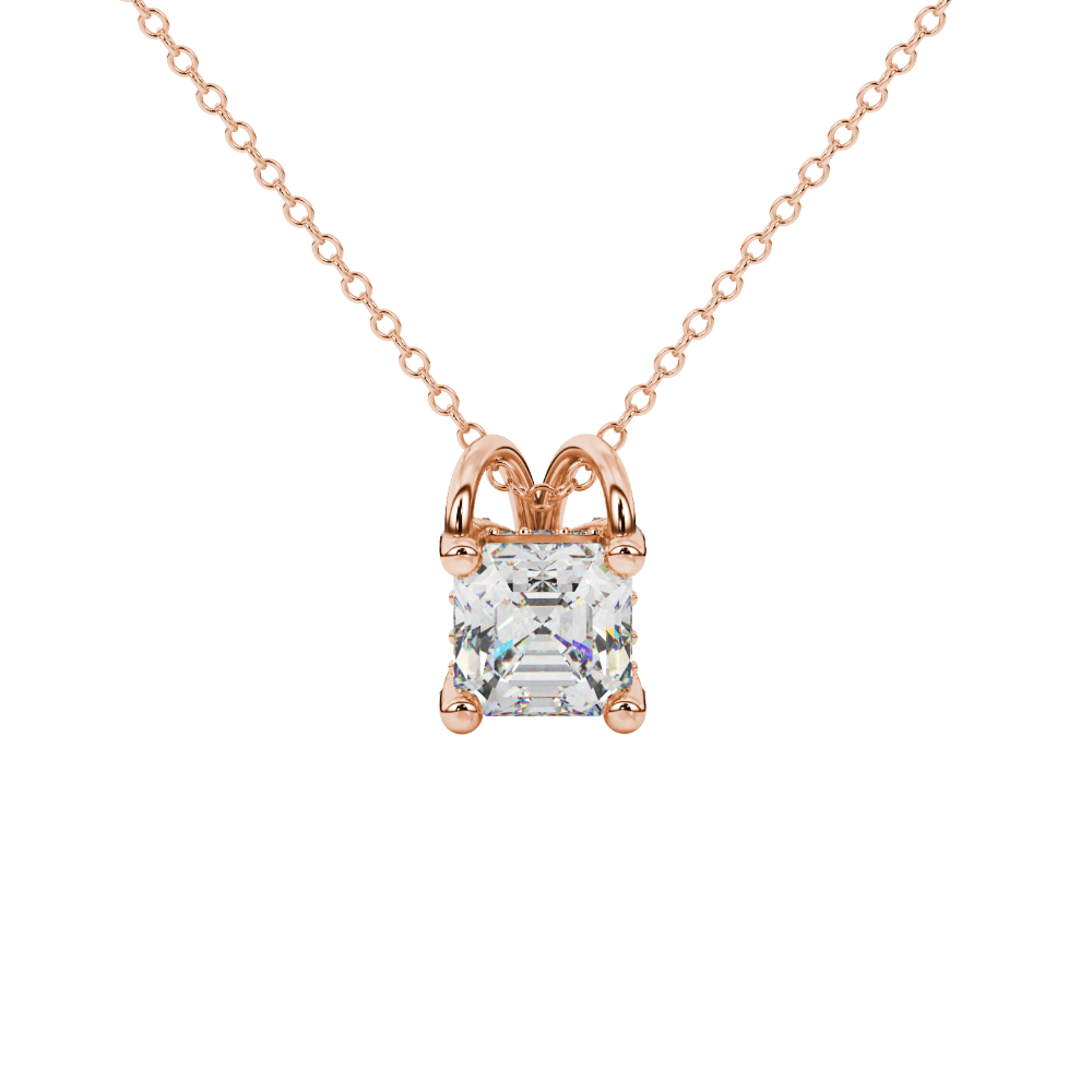 Asscher cut hidden halo gemstone pendant in gold featuring a 5.00 MM square gemstone with decorative arched bail design
