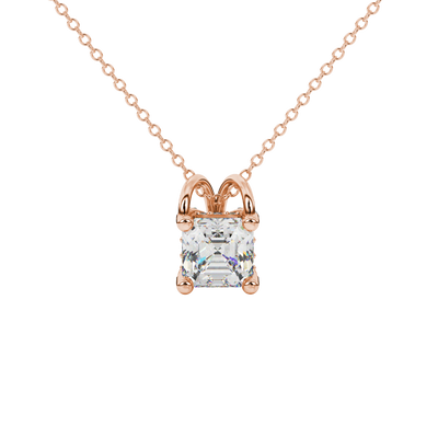 Asscher cut hidden halo gemstone pendant in gold featuring a 5.00 MM square gemstone with decorative arched bail design