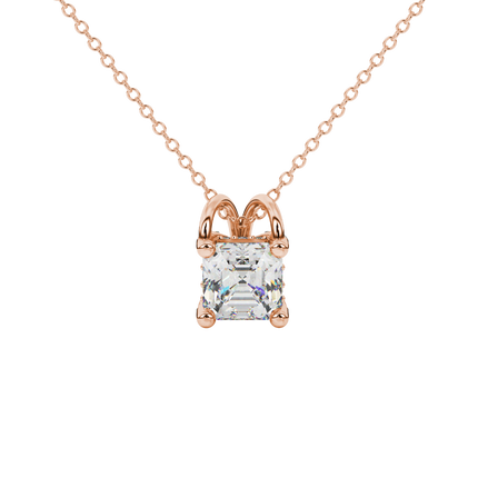 Asscher cut hidden halo gemstone pendant in gold featuring a 5.00 MM square gemstone with decorative arched bail design