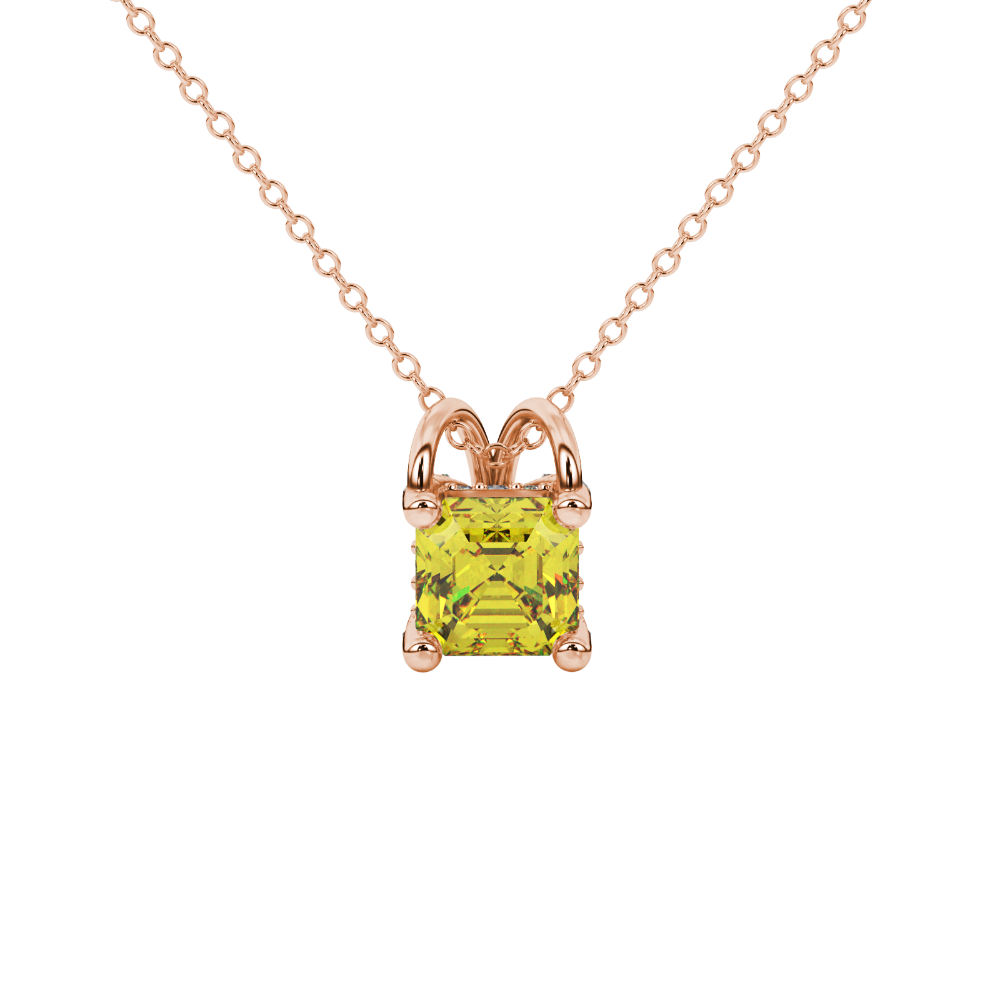 Asscher cut hidden halo gemstone pendant in gold featuring a 5.00 MM square gemstone with decorative arched bail design