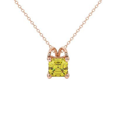 Asscher cut hidden halo gemstone pendant in gold featuring a 5.00 MM square gemstone with decorative arched bail design