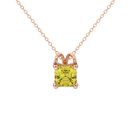 Asscher cut hidden halo gemstone pendant in gold featuring a 5.00 MM square gemstone with decorative arched bail design