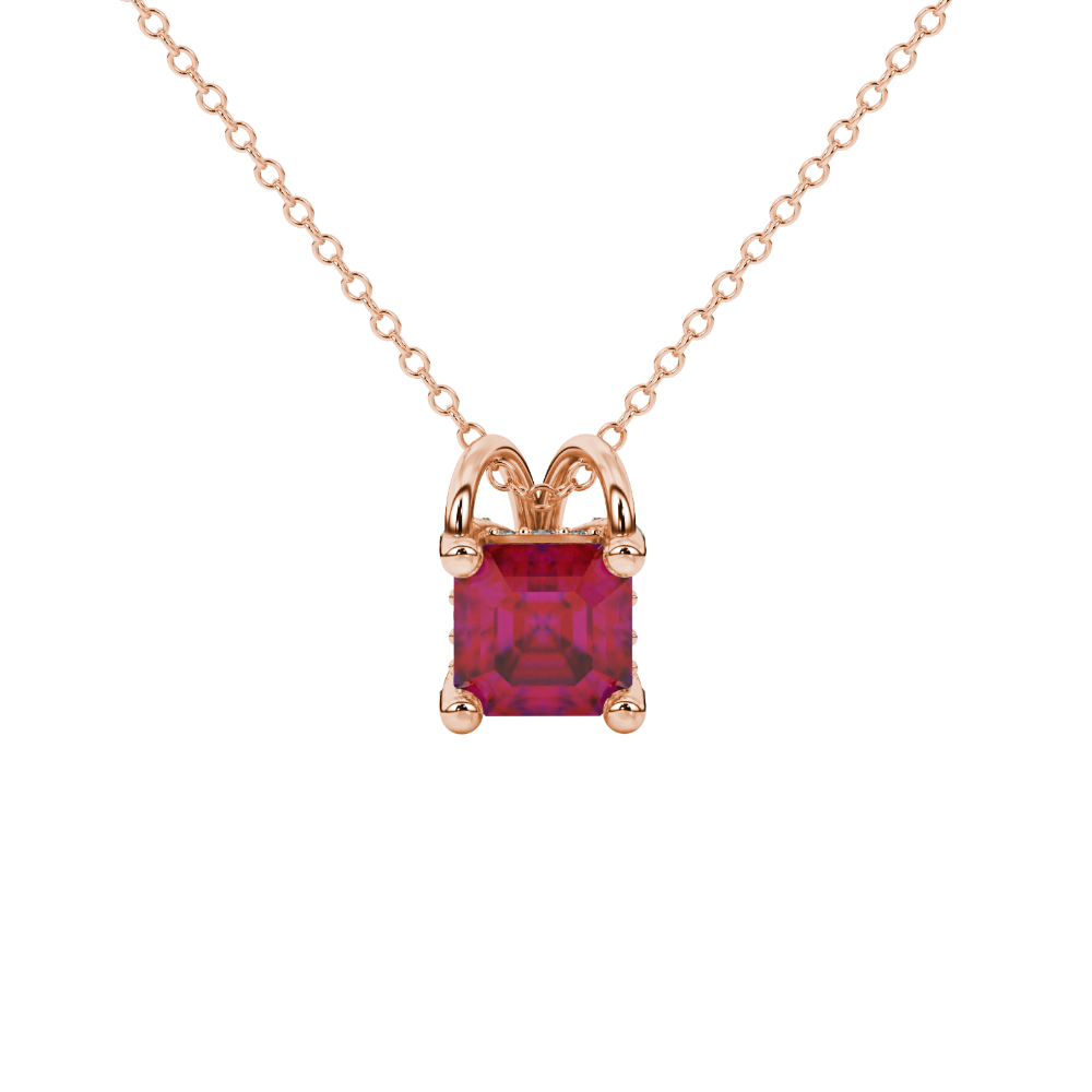 Asscher cut hidden halo gemstone pendant in gold featuring a 5.00 MM square gemstone with decorative arched bail design
