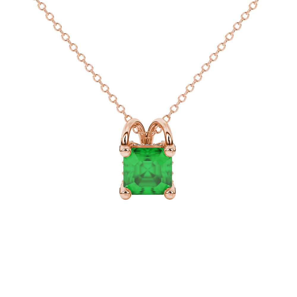 Asscher cut hidden halo gemstone pendant in gold featuring a 5.00 MM square gemstone with decorative arched bail design