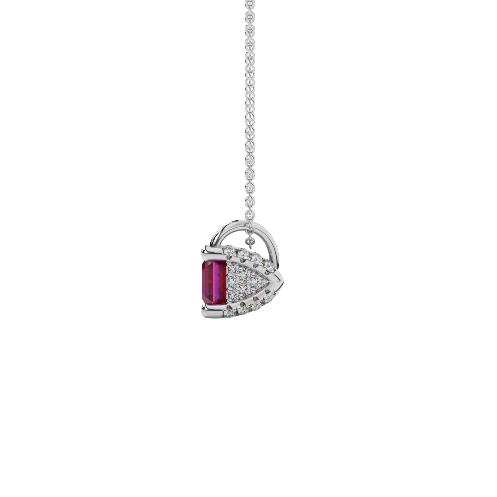 Asscher cut hidden halo gemstone pendant in gold featuring a 5.00 MM square gemstone with decorative arched bail design