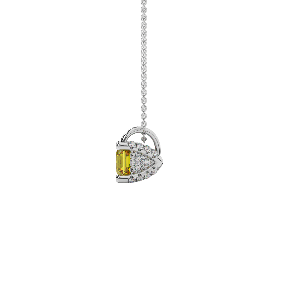 Asscher cut hidden halo gemstone pendant in gold featuring a 5.00 MM square gemstone with decorative arched bail design