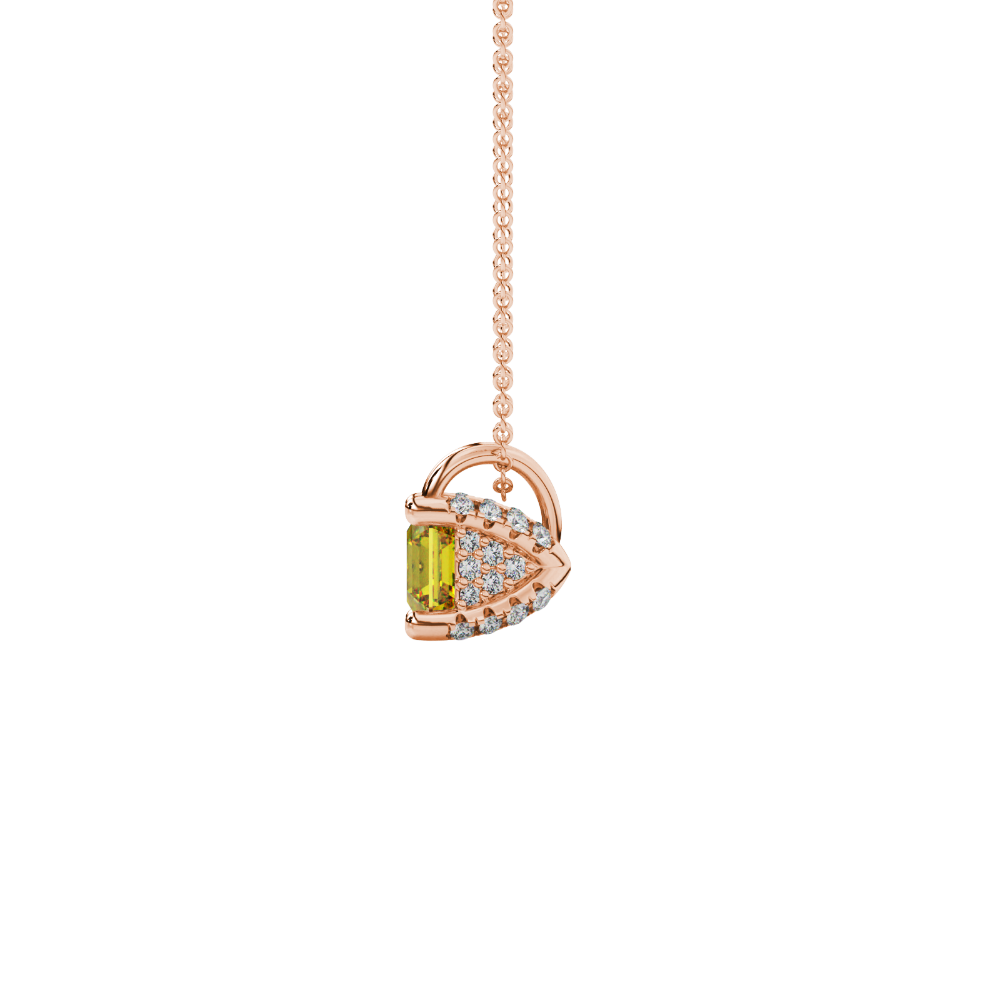 Asscher cut hidden halo gemstone pendant in gold featuring a 5.00 MM square gemstone with decorative arched bail design