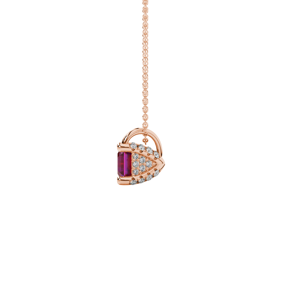 Asscher cut hidden halo gemstone pendant in gold featuring a 5.00 MM square gemstone with decorative arched bail design