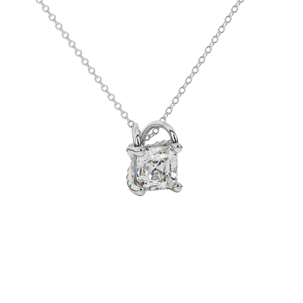 Asscher cut hidden halo gemstone pendant in gold featuring a 5.00 MM square gemstone with decorative arched bail design