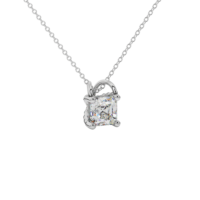 Asscher cut hidden halo gemstone pendant in gold featuring a 5.00 MM square gemstone with decorative arched bail design