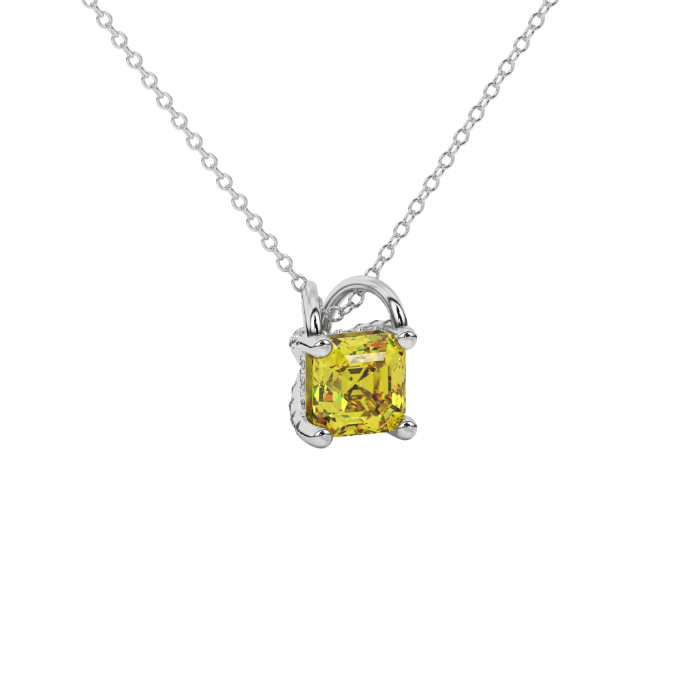Asscher cut hidden halo gemstone pendant in gold featuring a 5.00 MM square gemstone with decorative arched bail design
