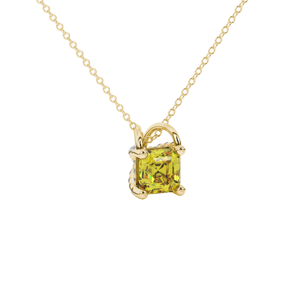 Asscher cut hidden halo gemstone pendant in gold featuring a 5.00 MM square gemstone with decorative arched bail design