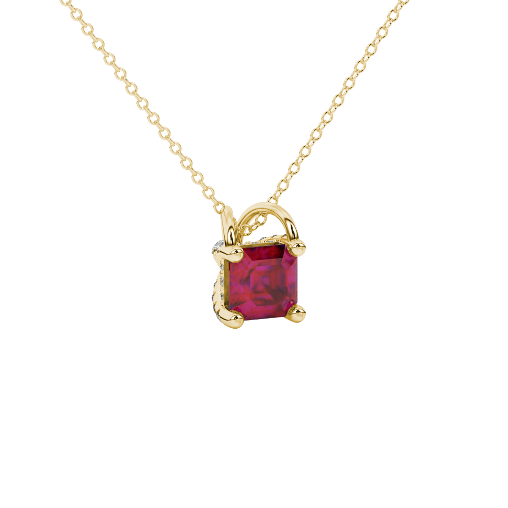 Asscher cut hidden halo gemstone pendant in gold featuring a 5.00 MM square gemstone with decorative arched bail design