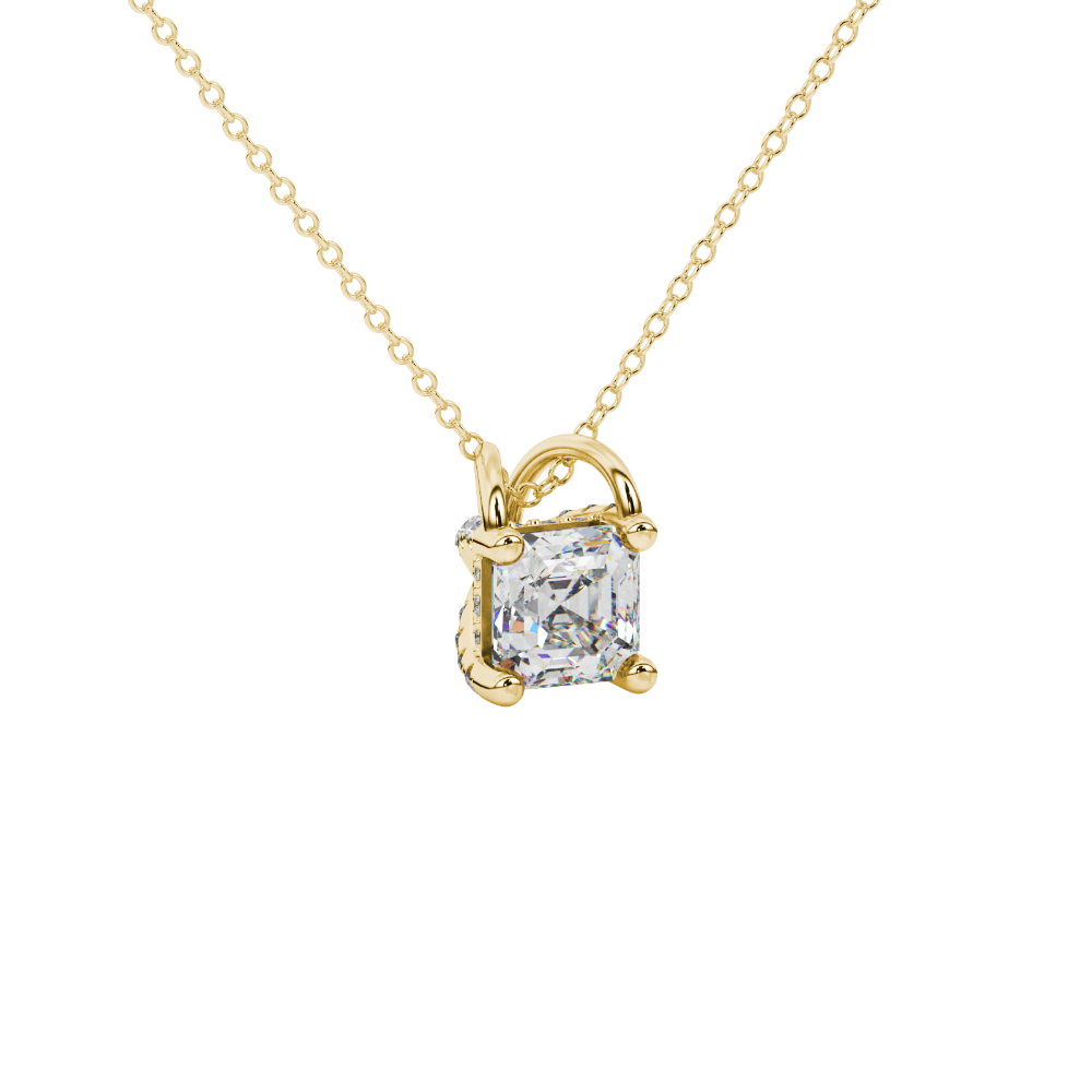 Asscher cut hidden halo gemstone pendant in gold featuring a 5.00 MM square gemstone with decorative arched bail design