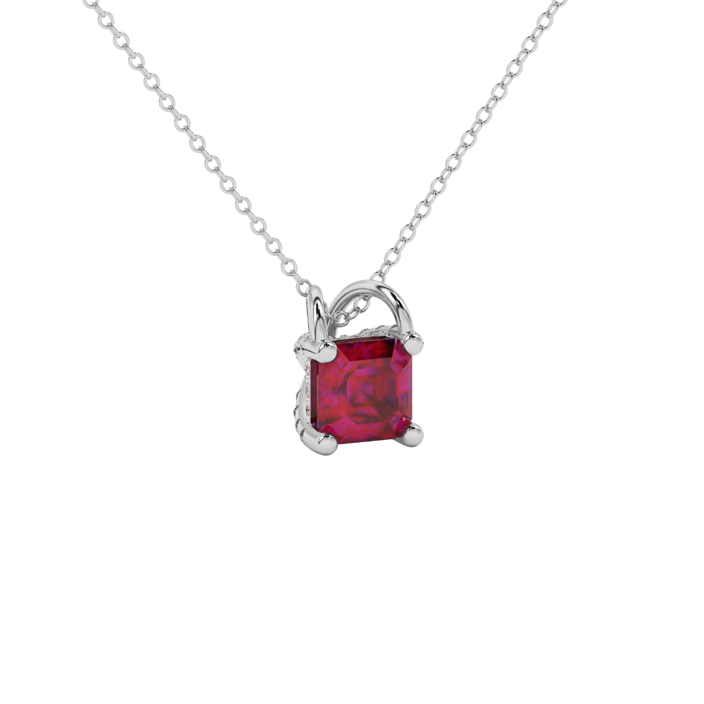 Asscher cut hidden halo gemstone pendant in gold featuring a 5.00 MM square gemstone with decorative arched bail design
