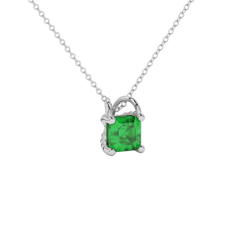 Asscher cut hidden halo gemstone pendant in gold featuring a 5.00 MM square gemstone with decorative arched bail design