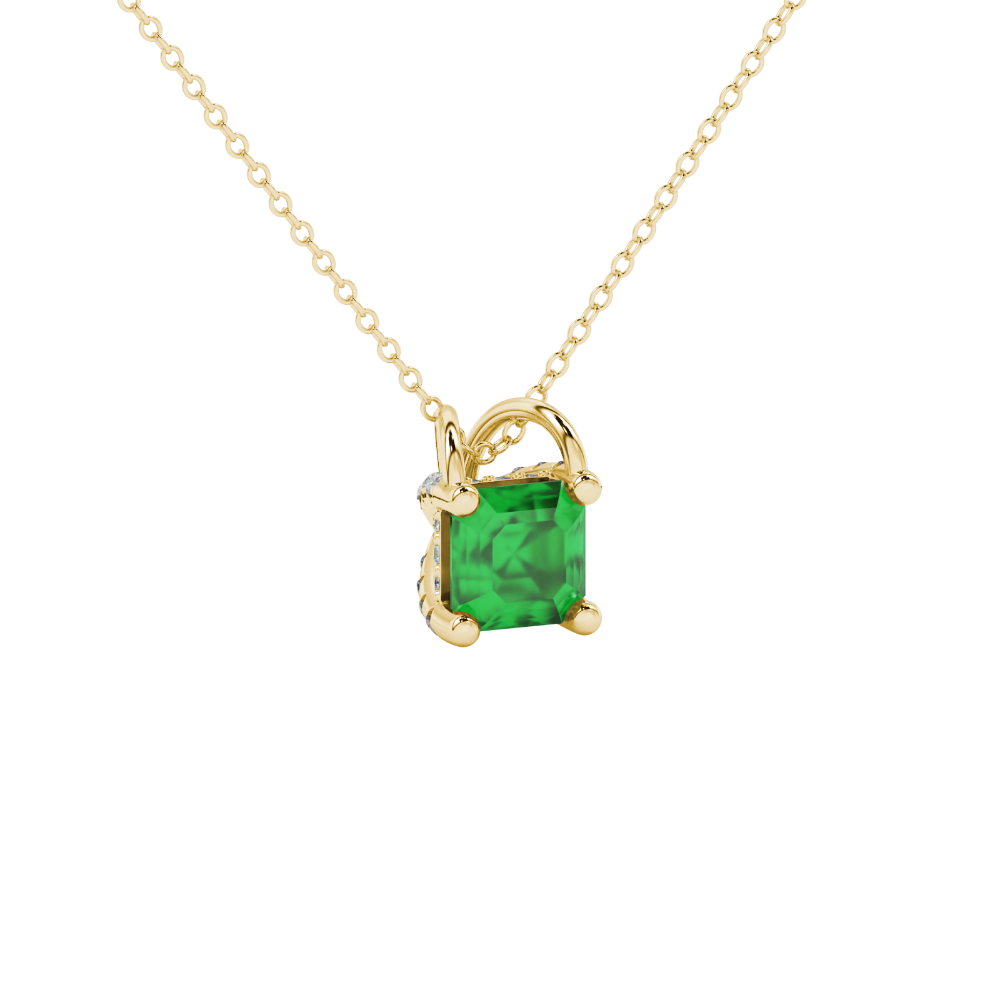Asscher cut hidden halo gemstone pendant in gold featuring a 5.00 MM square gemstone with decorative arched bail design