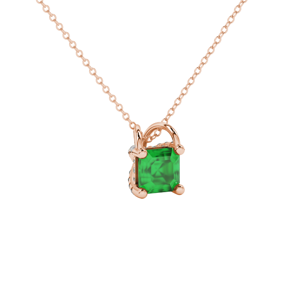 Asscher cut hidden halo gemstone pendant in gold featuring a 5.00 MM square gemstone with decorative arched bail design