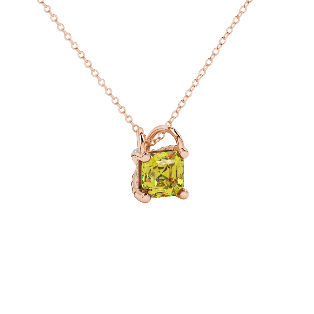 Asscher cut hidden halo gemstone pendant in gold featuring a 5.00 MM square gemstone with decorative arched bail design