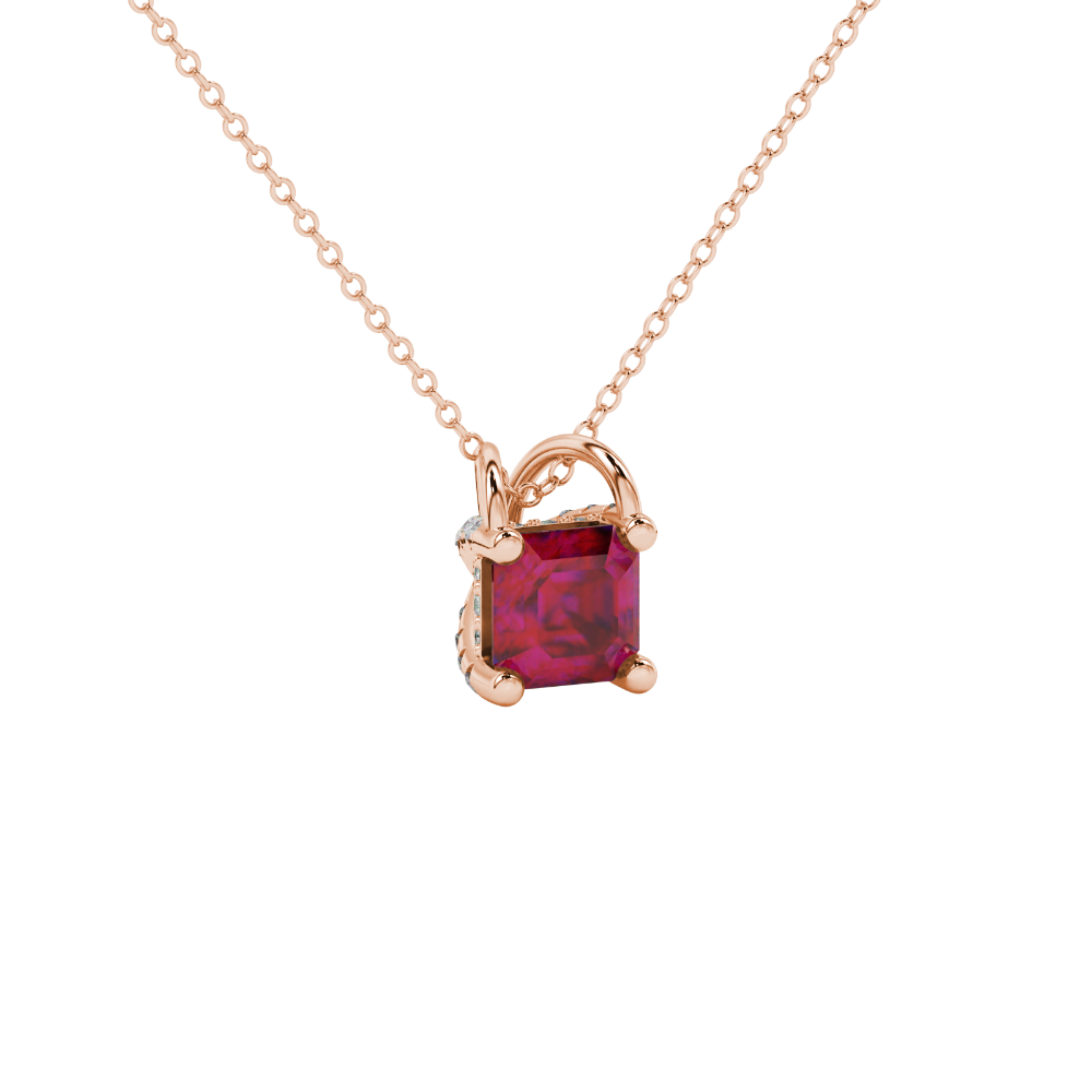 Asscher cut hidden halo gemstone pendant in gold featuring a 5.00 MM square gemstone with decorative arched bail design