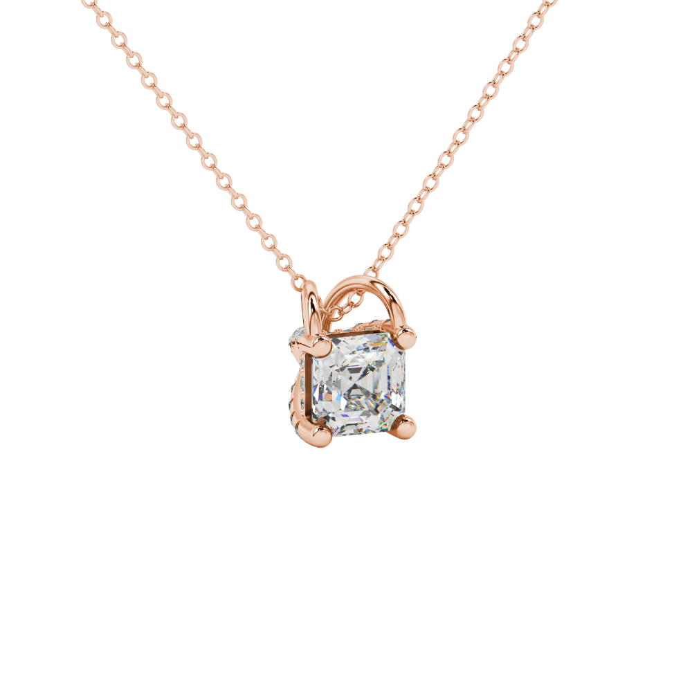 Asscher cut hidden halo gemstone pendant in gold featuring a 5.00 MM square gemstone with decorative arched bail design