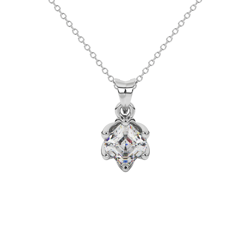 Asscher cut crown solitaire pendant in gold featuring a 5.00 MM gemstone secured in an elegant six-prong crown setting