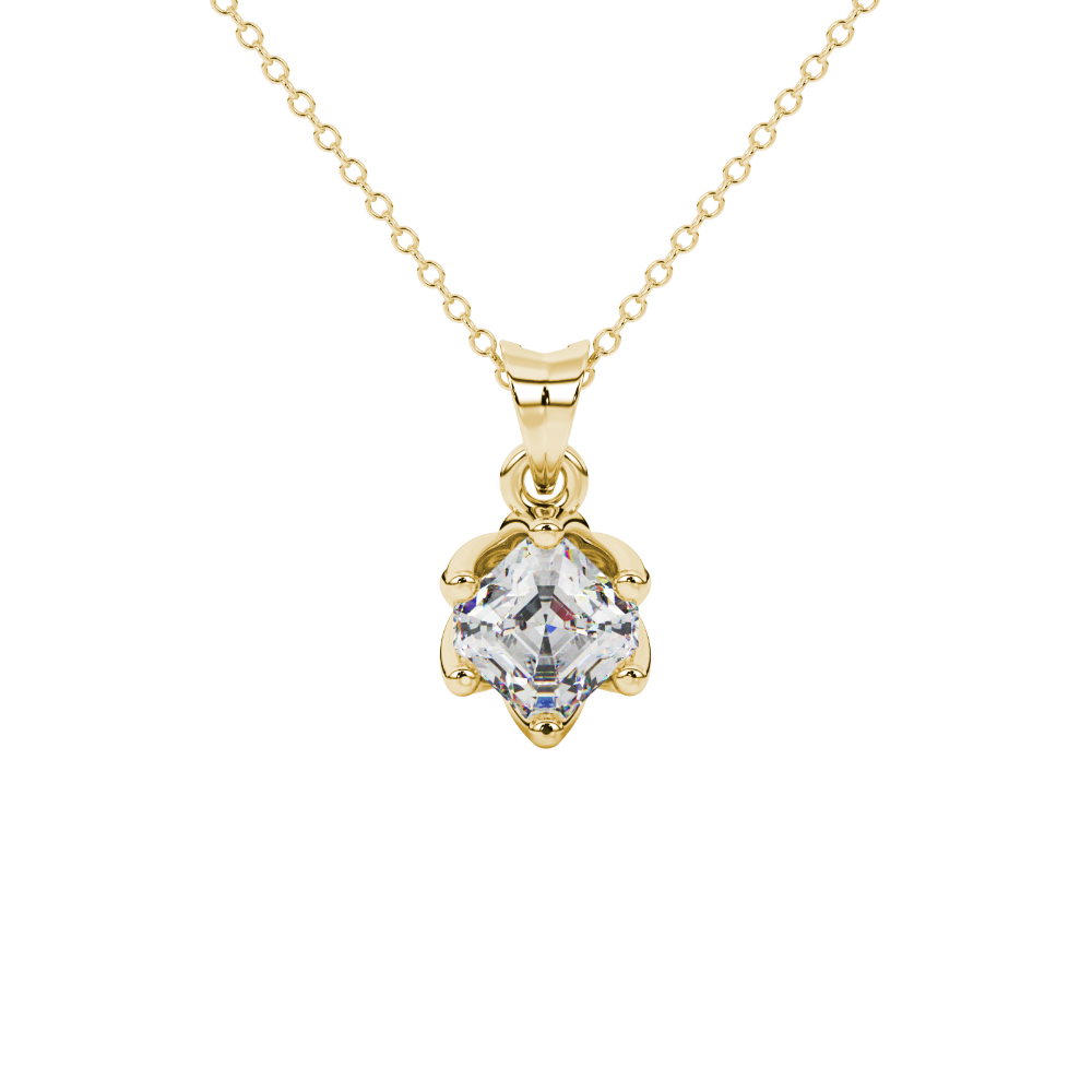 Asscher cut crown solitaire pendant in gold featuring a 5.00 MM gemstone secured in an elegant six-prong crown setting