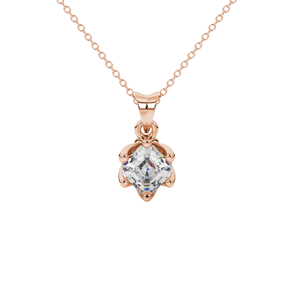 Asscher cut crown solitaire pendant in gold featuring a 5.00 MM gemstone secured in an elegant six-prong crown setting