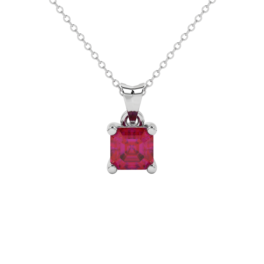 Red Asscher cut solitaire pendant in gold featuring a 5.00 MM gemstone in a four-prong basket setting